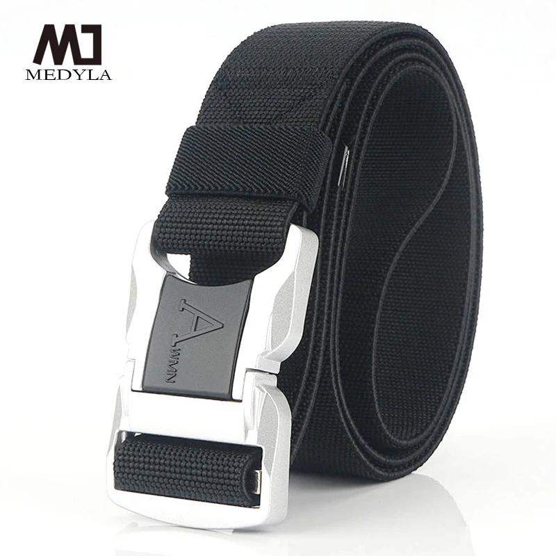 Medyla Men's Belt Silver Aluminum Alloy Safety Buckle Nylon Elastic Tactical Belt Quick Unlocking Outdoor Leisure Belt MN4005