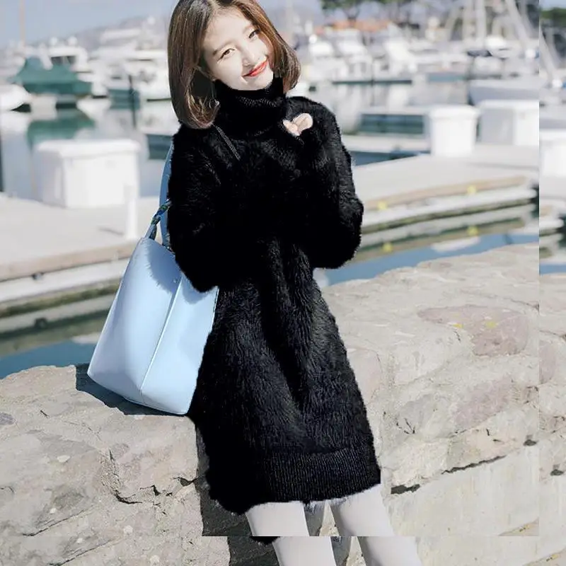 

New Winter Women's Mink Velvet Turtleneck Sweater Women's Loose Pullover Lazy Wind Thick Mid-length Knitted Sweater Skirt