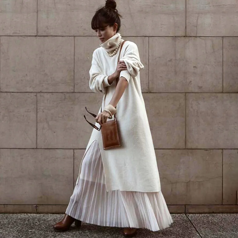 Женское длинное платье водолазка Теплое повседневное макси в Корейском стиле