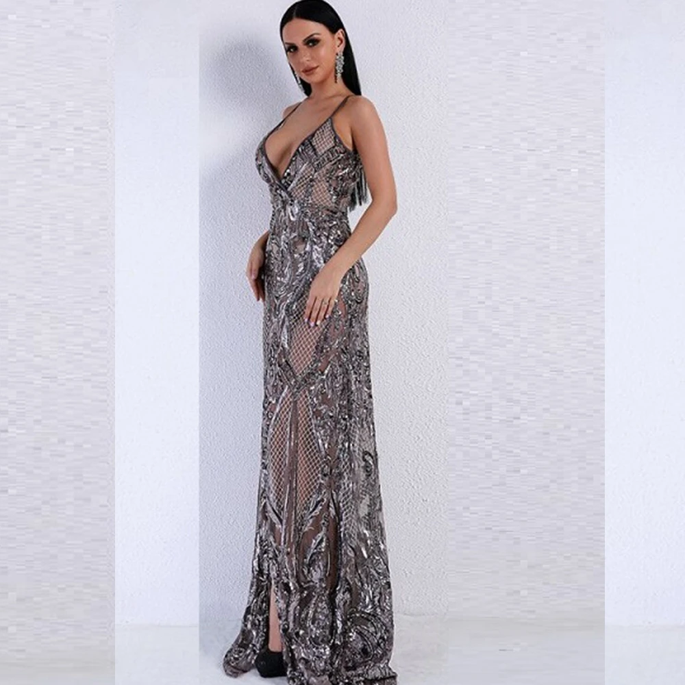 Новинка 2019 модное Сетчатое платье макси с блестками на тонких бретелях длинным v