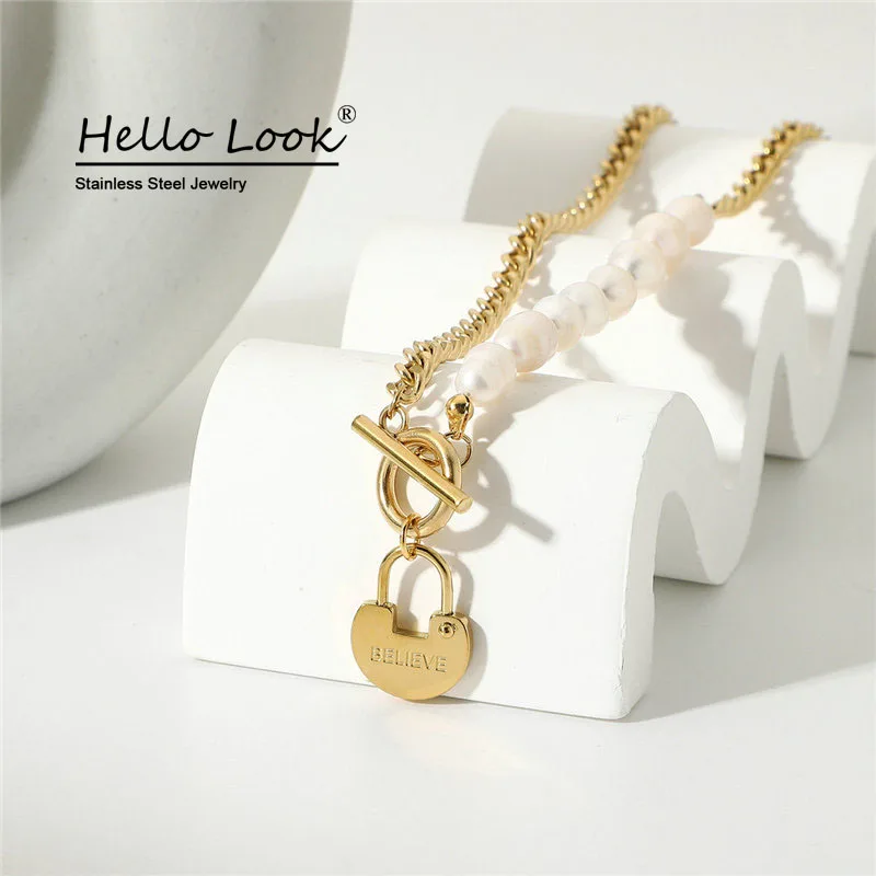 

HelloLook Believe Lettering Lock Pendant Necklace Women Natural Freshwater Pearl Necklace Stainless Steel Choker Necklace