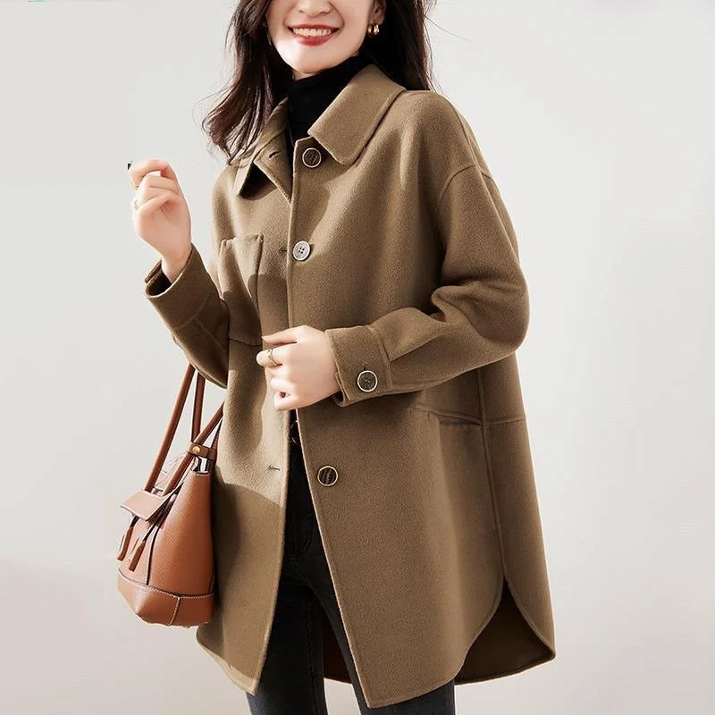 

Women's Woolen Jacket 2021 Autumn Winter New Fashion Korean Loose Female Coat Pocket Wool Overcoat Solid Casual Female Coats