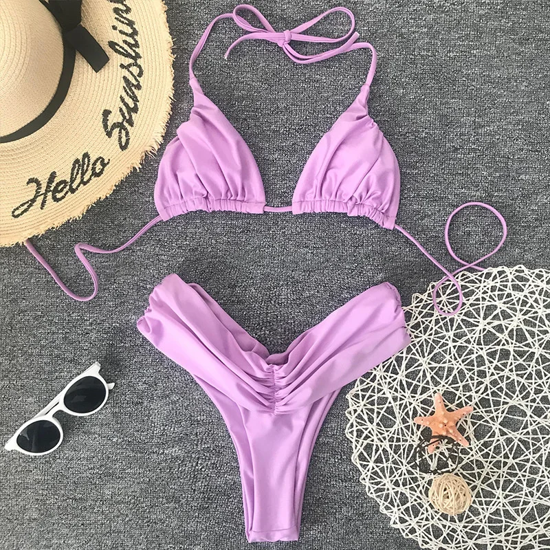 

Bikini Swimsuit Female Patchwork Swimwear Women Bathing Suit Drawstring Bikini Set Purple Female Up