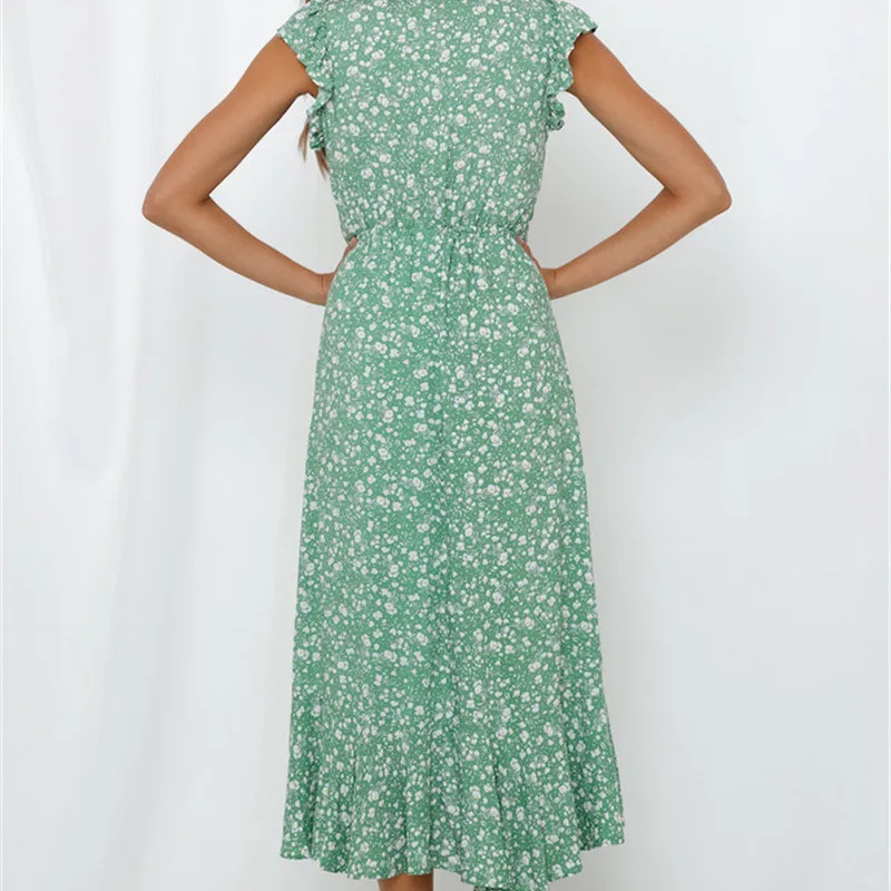 

Summer 2020 Fashion Print Women Slim Dress Casual Elegant V-neck Ruffles Irregular Maxi Dress