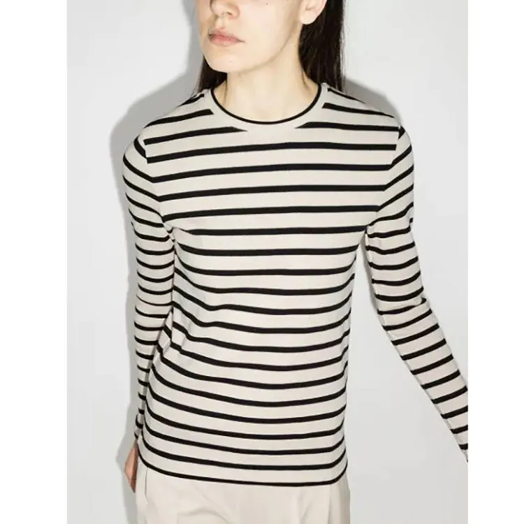 

Женская футболка, простая трикотажная футболка в полоску с длинным рукавом и круглым вырезом, осень 2021