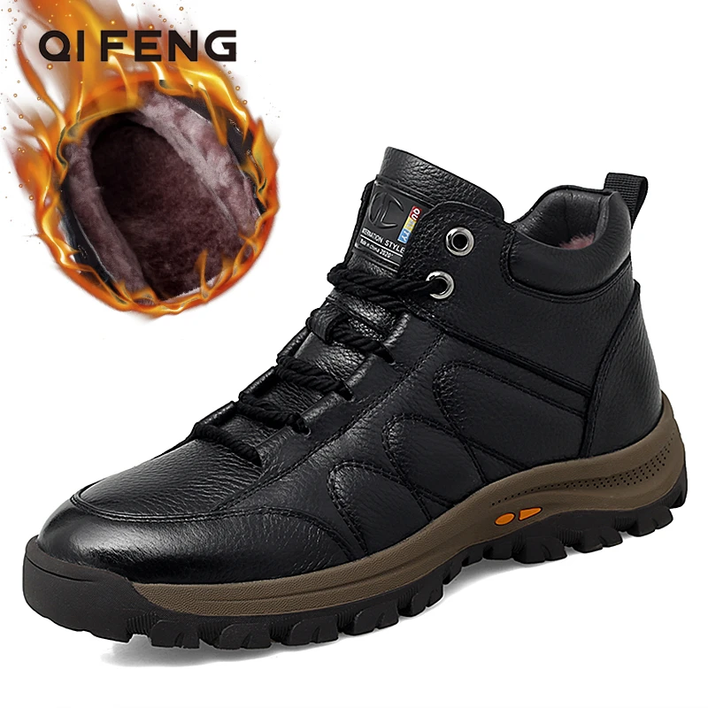 

Genuine Leather Boots Men Ankle Men Winter Shoes Warm Fur Outdoor Cotton Shoes High Quality Snow Boots Non-slip Male Thick wool