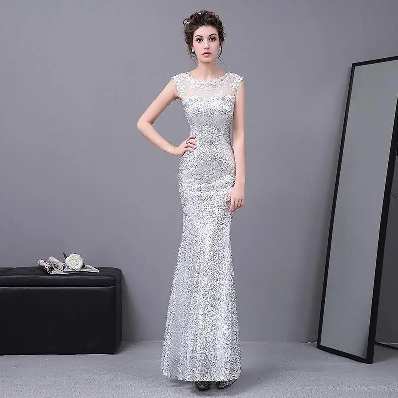 Сексуальное Серебряное Вечернее платье с круглым вырезом модное вечернее
