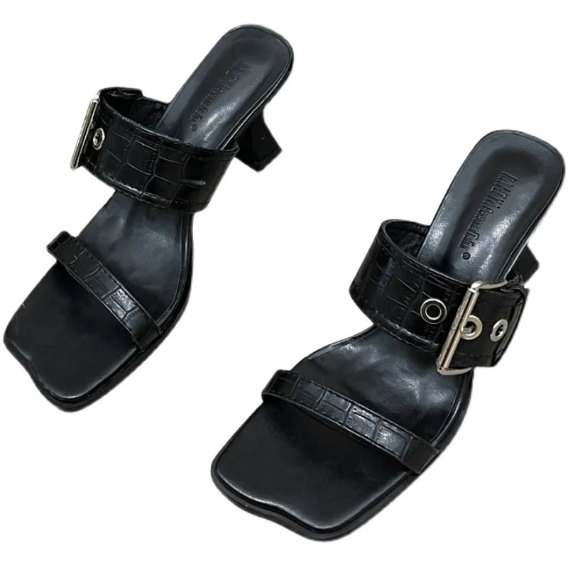 

Shoes Thin Heels Heeled Mules Low Womens Slippers Outdoor Slides High PU Rome Rubber Fabric Basic Pumps Hoof Shoes Slippers Heel