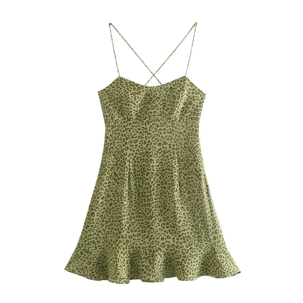 

Green Summer Women Spaghetti Strap Dress 2021 Vintage Print Sleeveless Party Dress Woman Ruched Backless Beach Casual Dresses