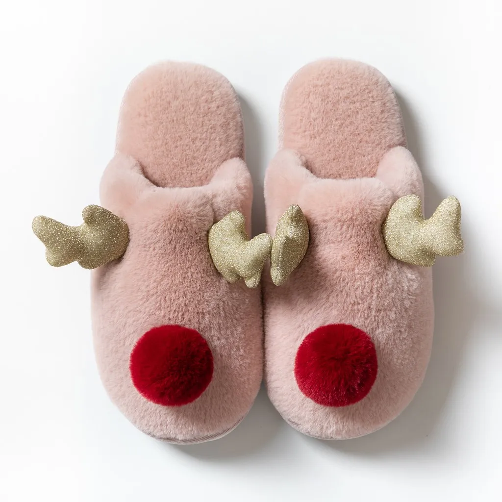 Женские зимние домашние рождественские тапочки с оленем нескользящая хлопковая