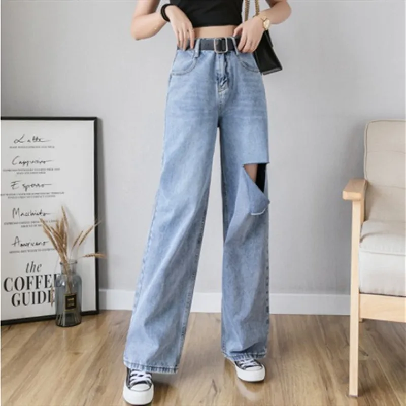 

Woman Jeans High Waist Ripped Jeans 2019 Autumn Winter For Clothes Wide Leg Denim Clothing Blue Streetwear Fashion Vintage Pants