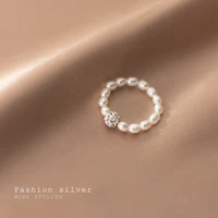 real 925 sterling silver micro paved ball pearls elastic rope rings for women