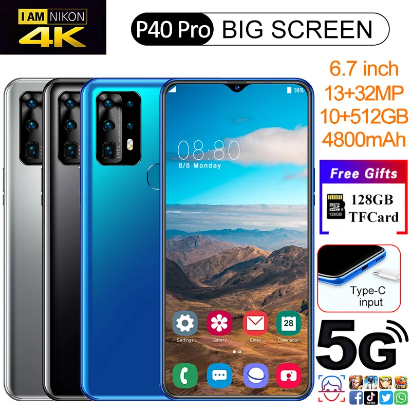 

P40 Pro 10GB+512GB Large Memory Android 9.0 13MP+32MP Camera 6.7"HD Screen 4800mAH Battery Face ID Unlock MT6799 Dual SIM Card