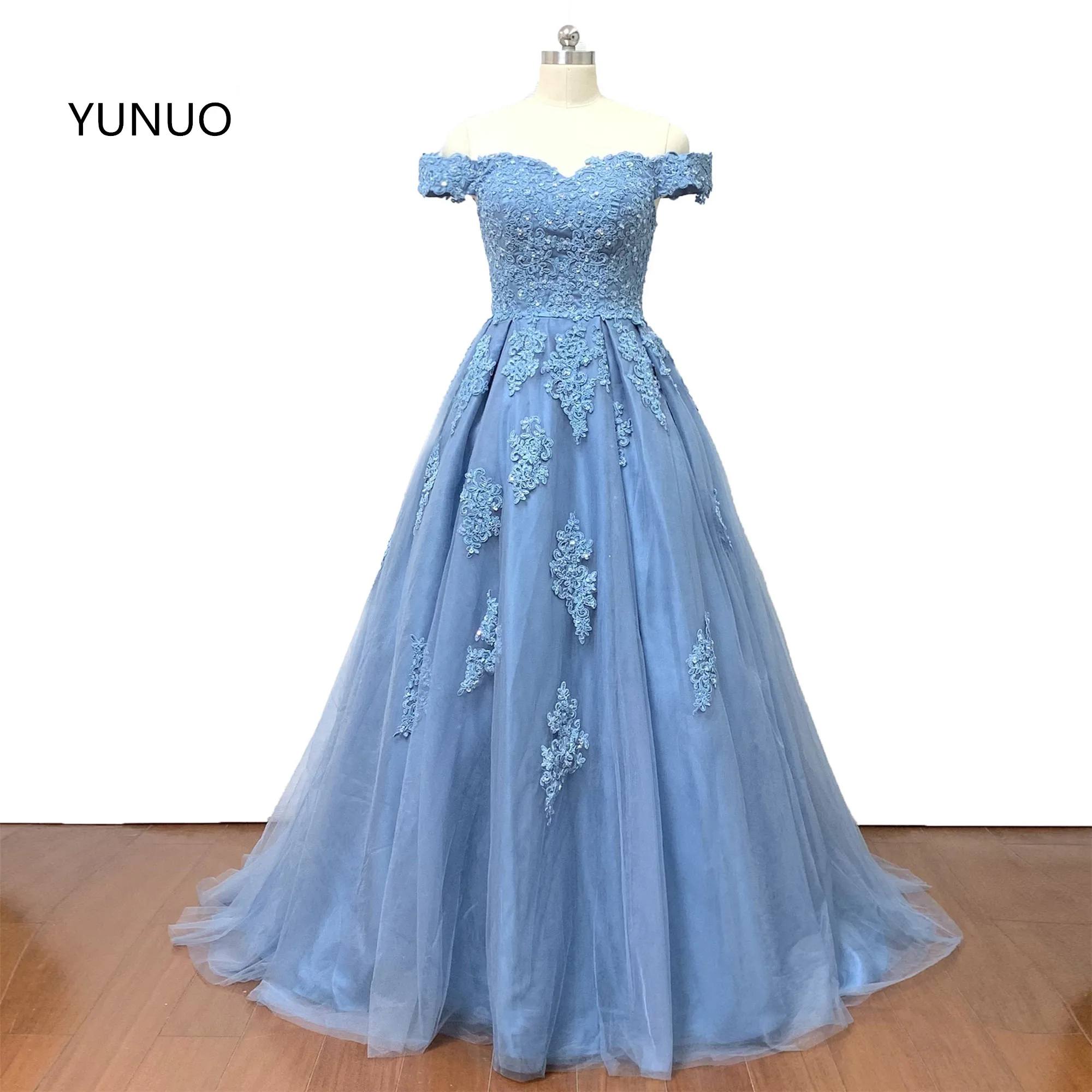 YUNUO с открытыми плечами пыльно синее кружевное Тюлевое длинное женское вечернее