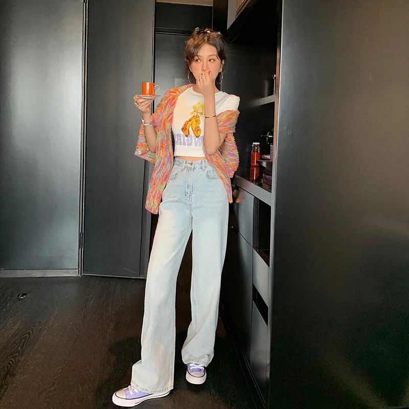 Сетчатые красные джинсы с высокой талией большие свободные двойными вырезами