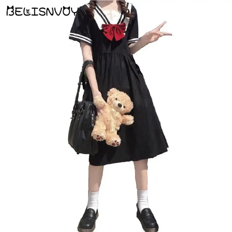 

Japanese Preppy Style Sweet Sailor Collar Bow Dress Harajuku Jk uniform Female Student Midi Dress Lolita Kawaii A-line Dresses