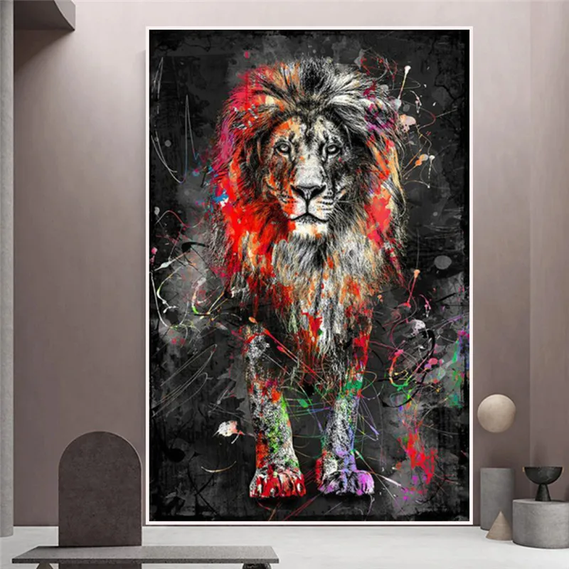 

Colorful King Lion Street Graffiti art Canvas Paintings Abstract Animal Posters and Prints Cuadros Wall Decorations Bed Room