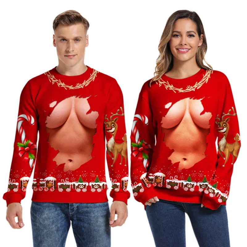 O Neck Christmas Sweater 3d Antler Print Novelty Ugly Unisex Men Women Long Sleeve Pullover Jumpers | Женская одежда