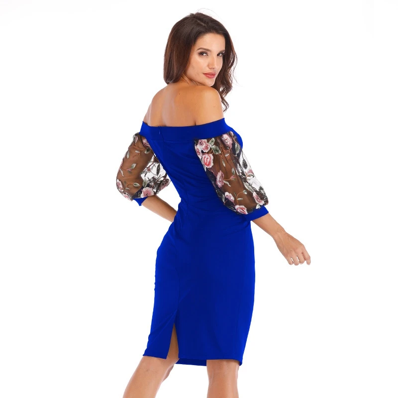 Women Sexy Slash neck Embroidery lace 3/4 sleeve Casual dress suit Lady Elegant work Office Knee-Length Party Pencil dress suit