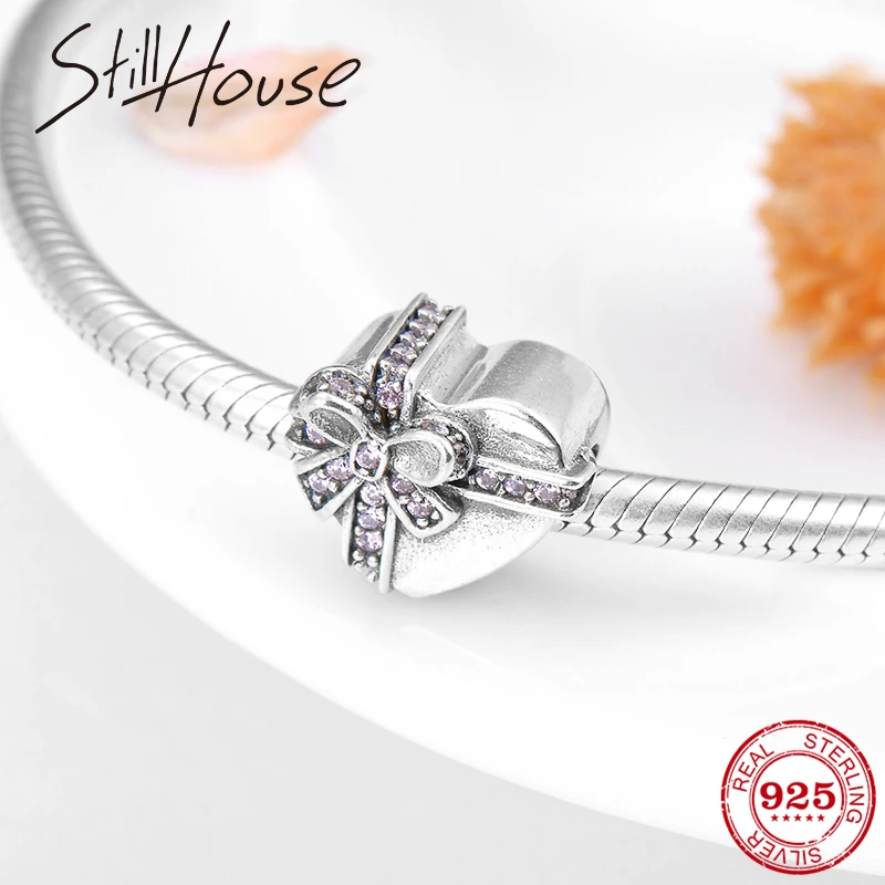 Женский браслет из серебра 925 пробы с розовым бантом и фианитом | Украшения