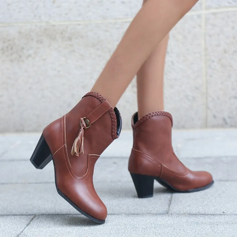 

New Women Thick-heeled Martin Boots Mid-heeled Short Boots Fashion Ankle Boots Platform Shoes Female Fringed Leather Boots
