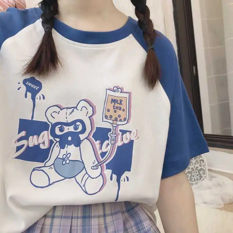 

Summer New Japanese Sweet Cute Cartoon Bear Milk Tea Addiction Print Short-sleeved T-Shirt Women Color Matching Loose Tops Tees