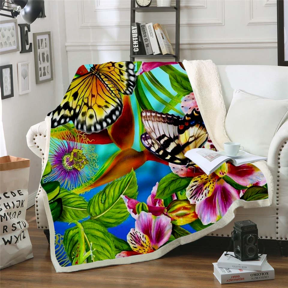 

Plstar Cosmos Colorful butterfly insect Blanket 3D print Sherpa Blanket on Bed Kids Girl Flower Home Textiles Dreamlike style-1