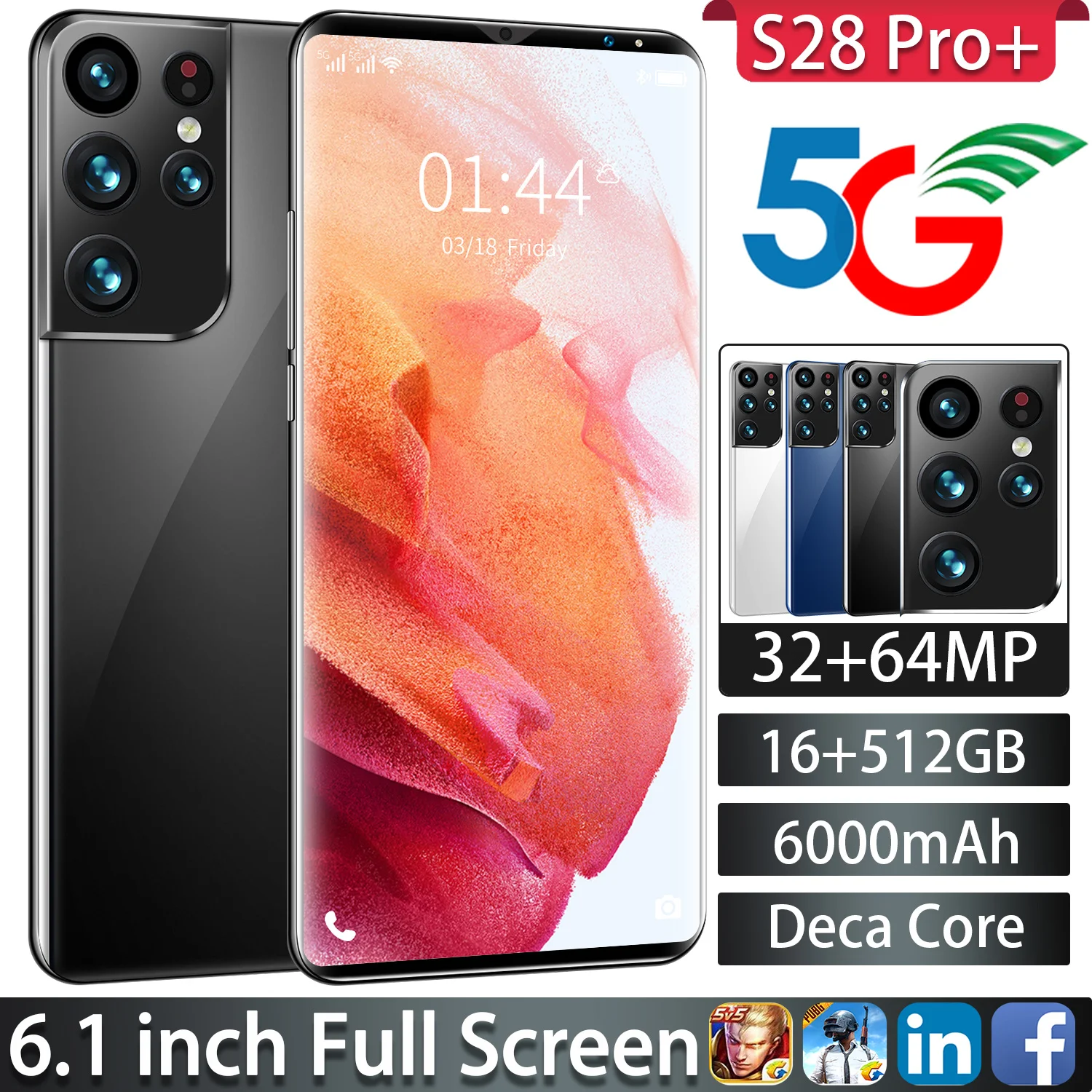 

S28 Pro+ Global Version 6.1Inch SmartPhone 6000mAh Unlocked Phone 16+512GB Face Unlock GPS Google Android 4G 5G MobilePhone