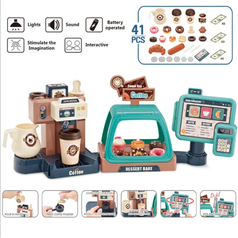

Real Kids 3 In 1 Kitchen Game Play Toy Dessert Counter Coffee Machine Supermarket Cash Light Toys Set Sounds Register Function