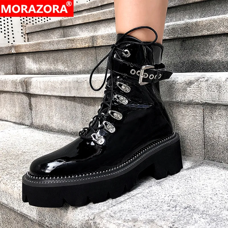 Женские ботильоны со шнуровкой MORAZORA Черные из натуральной кожи на платформе с