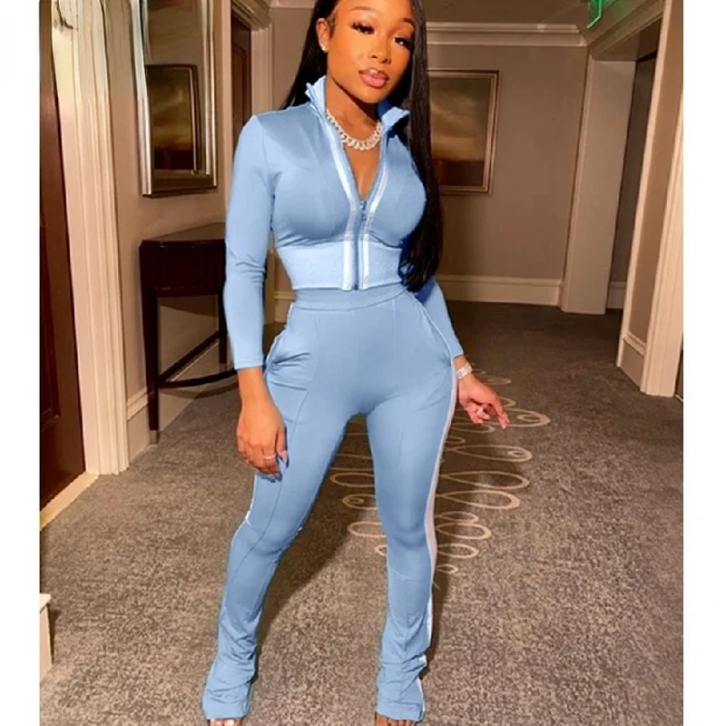 

2 Two Piece Set Women Sexy Pink Outfits Crop Top Stacked Pants Leggings Women Matching Sets Ladies Tracksuit Female