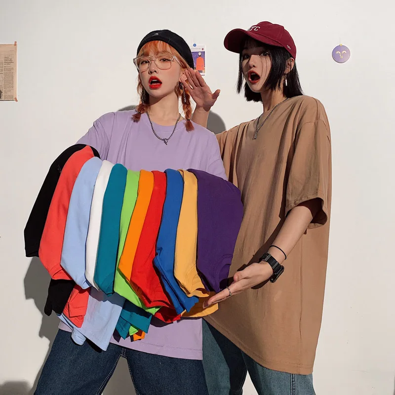 

2021 Summer Short Sleeve Tee Shirt Loose Solid Basic Women Casual O-Neck Hipster T-Shirt Top