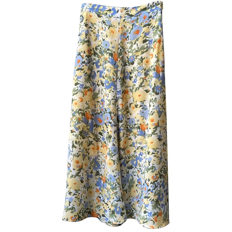 Женская юбка-трапеция средней длины с высокой талией голубая юбка цветочным