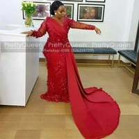 mermaid red sheer lace evening dresses with long sleeves streamer floral appliques see through prom dress party gown