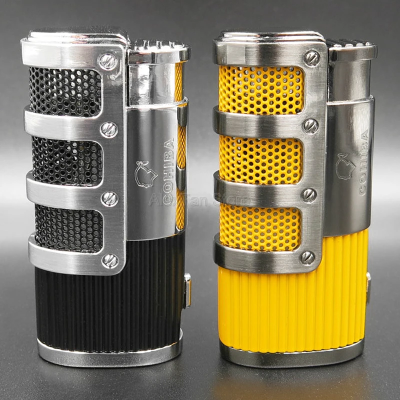 COHIBA элегантный Gridding Stripes ветрозащитный 3 фонарь Jet Flame многоразовая зажигалка с сигарой и подарочной коробкой