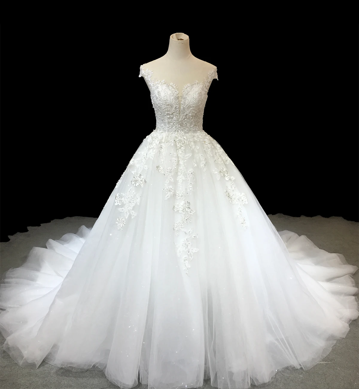 

Aolanes бальное платье принцессы, иллюзия, волнистый вырез, короткий рукав, жемчуг, Аппликации, кружева, женское 2021, свадебное платье