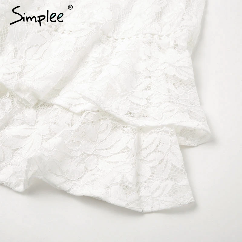 Simplee Elegant lace transparent dress Puff sleeve floral long sleeve white dress High waist ruffle office lady autumn vestidos