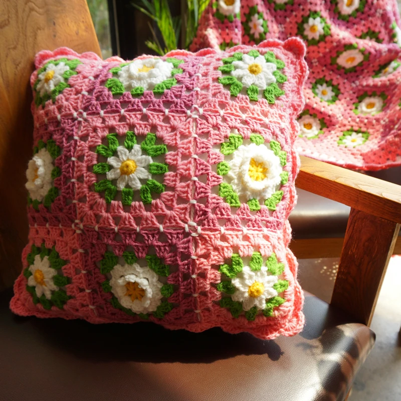 

Handmade Crochet Chrysanthemum Flower Pillow Cover Home Decorative 40x40cm