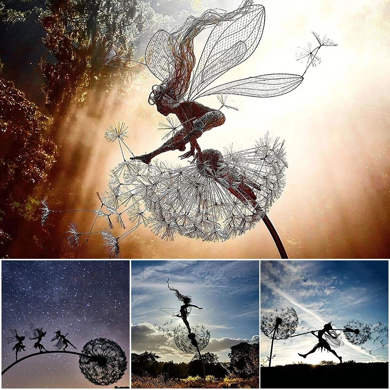 

Garden Fairy Decoration Stake Dandelions Metal Elf Silhouette Ornament Fairies Pixies Miniature Sculptures Yard Lawn Art Decor