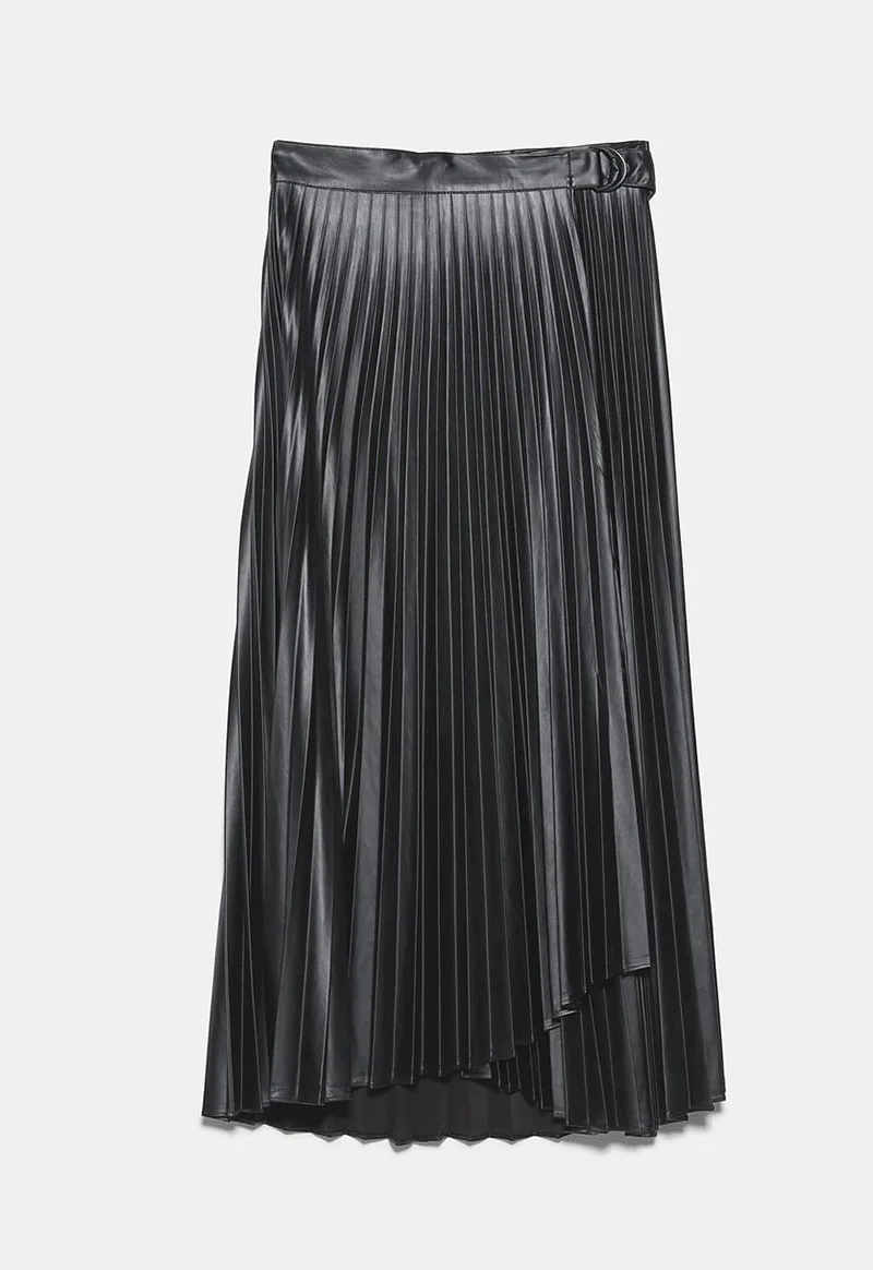Fashion Pleated Skirt for Women Women Dance Clothing Ball Gown Black Faux Leather Faldas Mujer Moda Moda Mujer Mid-Calf Za