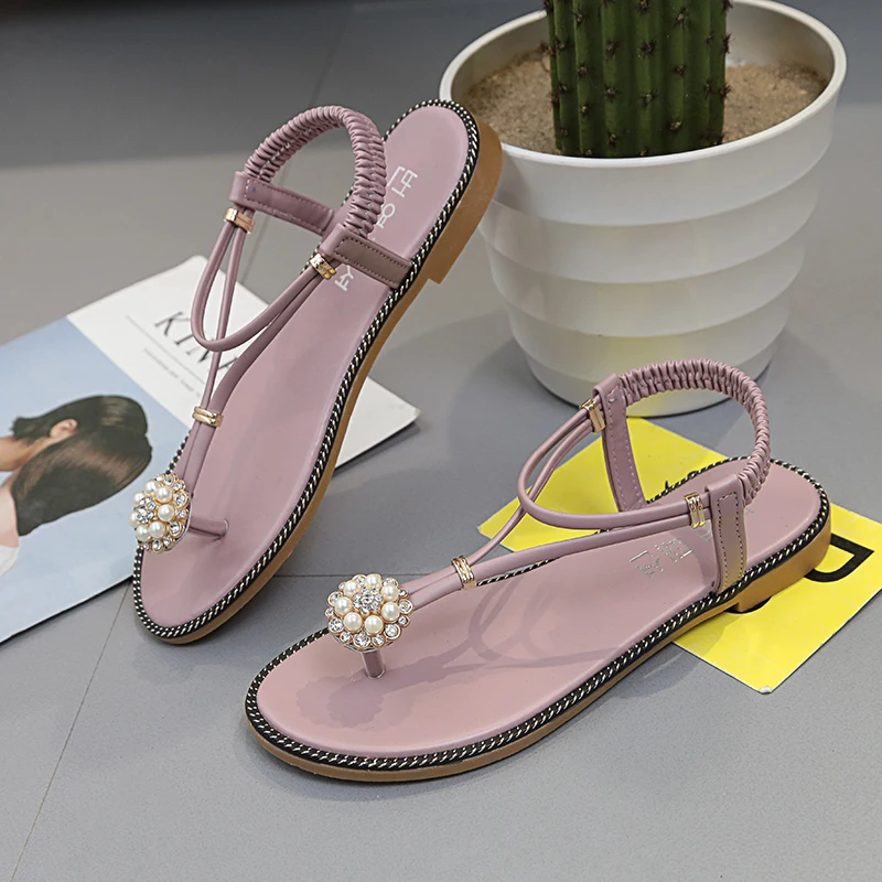 

2021 summer new flower flip flops fashion flat sandals female wild student bohemian beach sandals