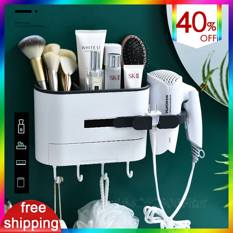 

Bathroom Shelf with Hair Dryer Holder for Bathroom Storage Punch-free Wall Shelf for Bathroom Organizer and Storage