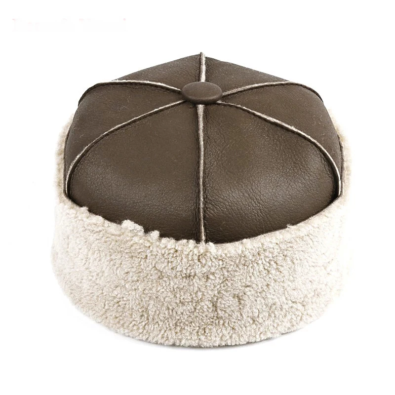 New Winter Genuine Leather Hat Fur Integration Fashion Sheepskin Bomber Cap For Elderly  Velvet Thermal Watermelon Bonnet