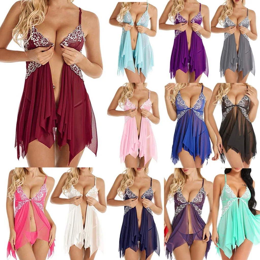 

16 color S_3XL Ldies Underwear Lingerie for Women Front Closure Babydoll Lace V Neck Mesh Sleepwear Lingerie Women Sleepwear Hot