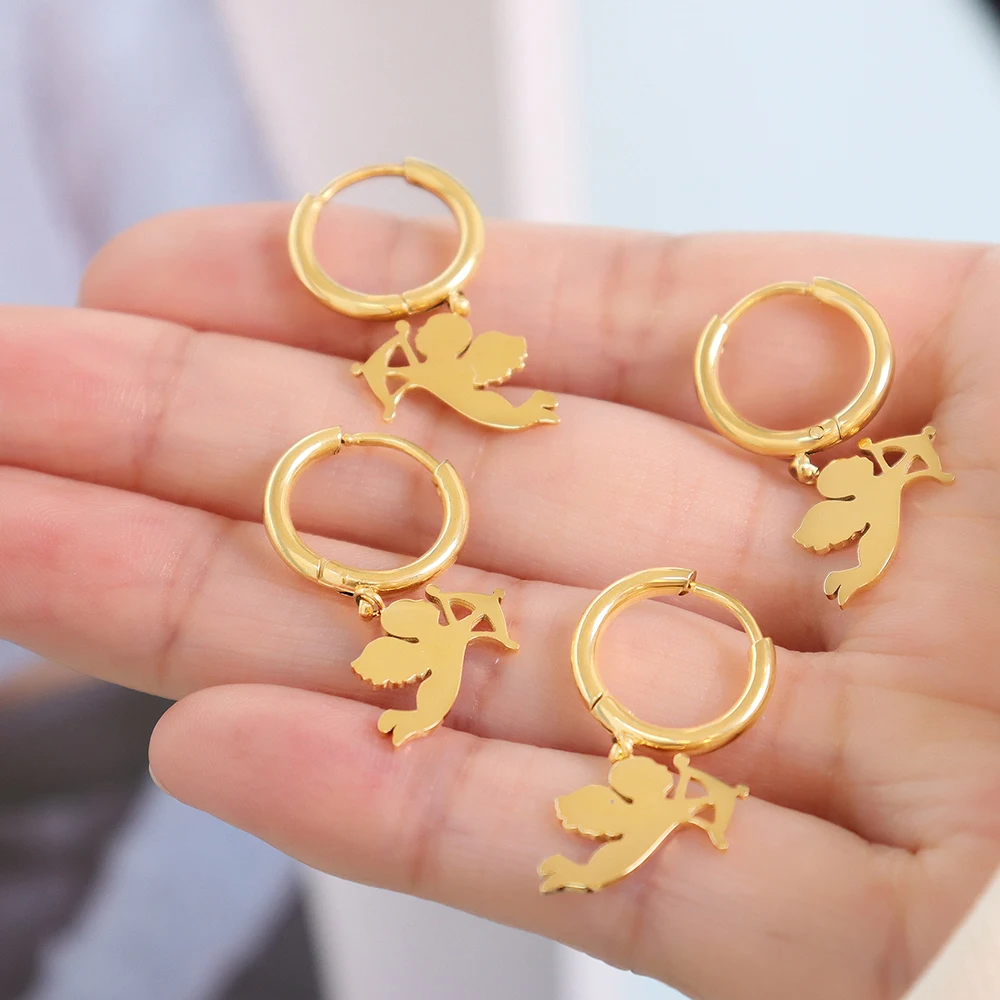 

Cute Jewelry Women Silver Gold Color Angel Cupid Pendant Necklace Stainless Steel Dropping Earring for Female Girls