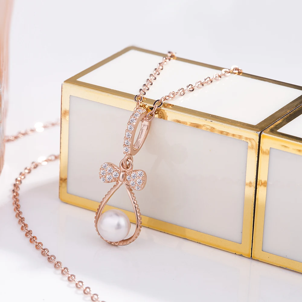 Цепочка Из серебра 100% пробы с кулоном-бантом и искусственным жемчугом | Украшения