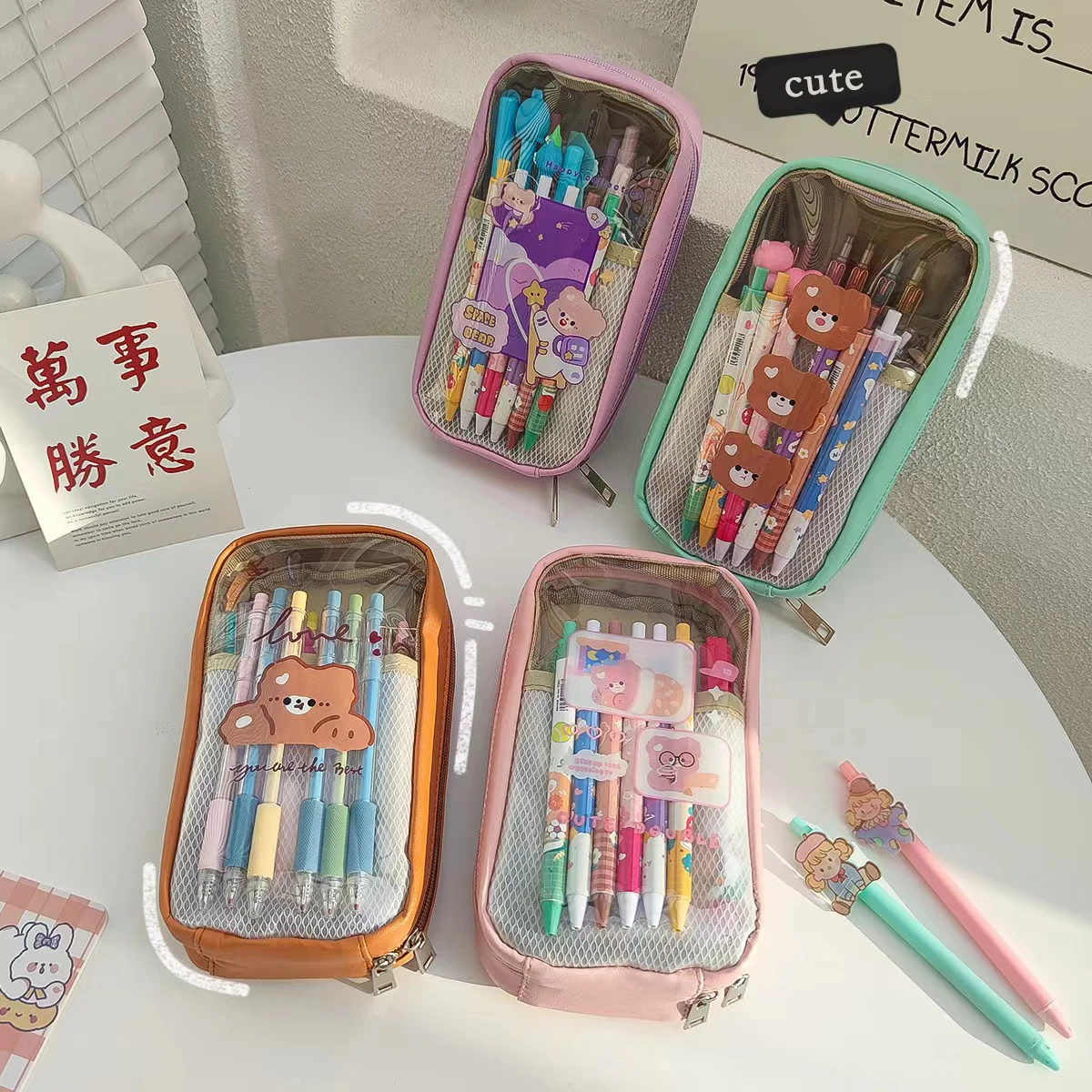 

Cute Creative Large Capacity PVC transparent Cartoon Pencil Case School Pen Case Supplies Pencil Bag Pencils Pouch Stationery