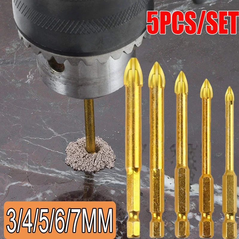 

5pcs Golden Hexagon Handle Set Power Tool Cross Triangle Drill Woodworking Glass Ceramic Concrete Hole Opener Tool 3/4/5/6/7 MM