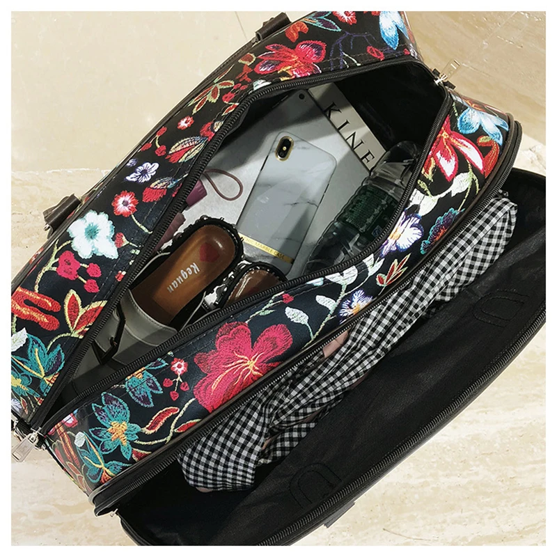 Leather Women Travel Bags Handbags New Fashion Portable Hand Fitness Floral Duffel Bag Waterproof Weekend Bag For Lady XA790WB