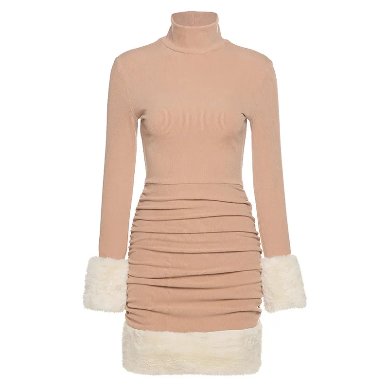 

Fannic High Collar Women Dress Furry Cuff and Hem Solid Lotus Root Starch Long Sleeve Dresses Winter Ladies 2021